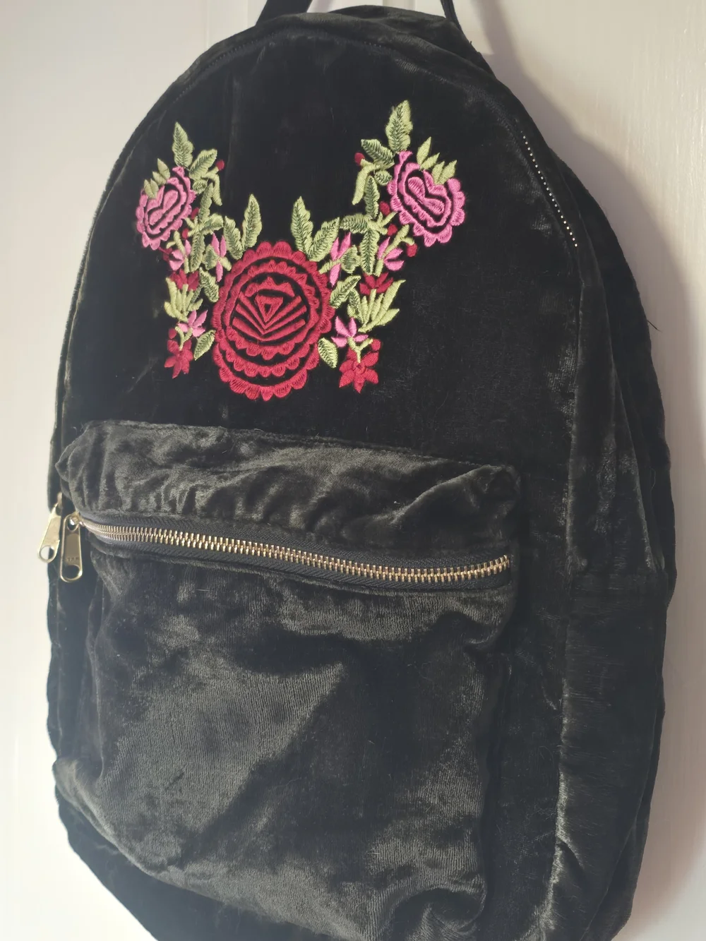 World Market Green Velvet Floral Embroidered Backpack - Boho Cottagecore Bag
